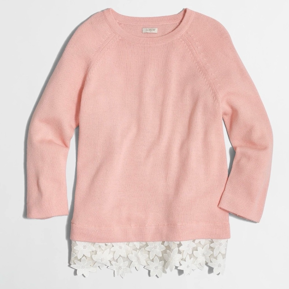 J. Crew Women’s Lace Hem Merino Wool Blend Sweater in Pink Blush Size Small NWOT